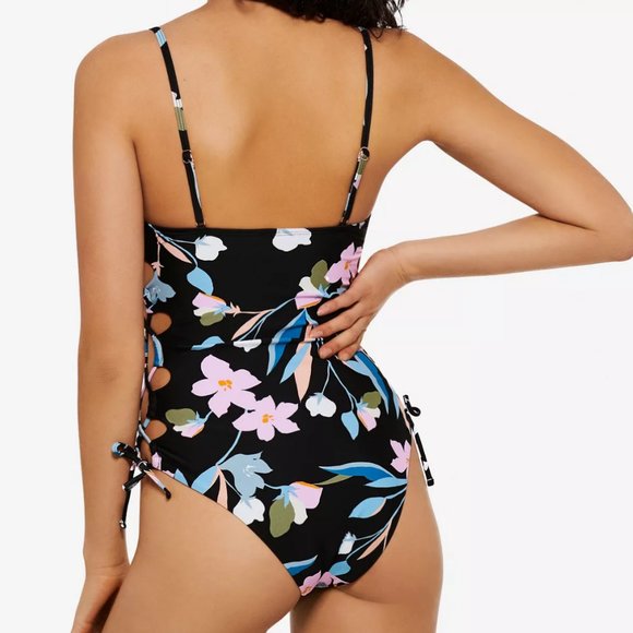 HULA HONEY Juniors' Flourishing Floral Lace-Up One-Piece Swimsuit - Picture 2 of 2